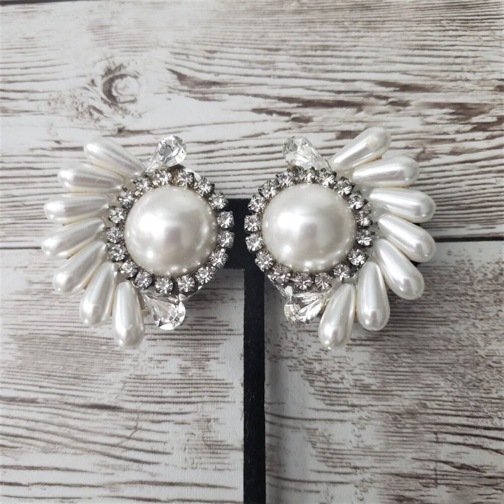 Vintage Clip On Earrings Huge Faux Pearl & Clear Gem Statement Earrings